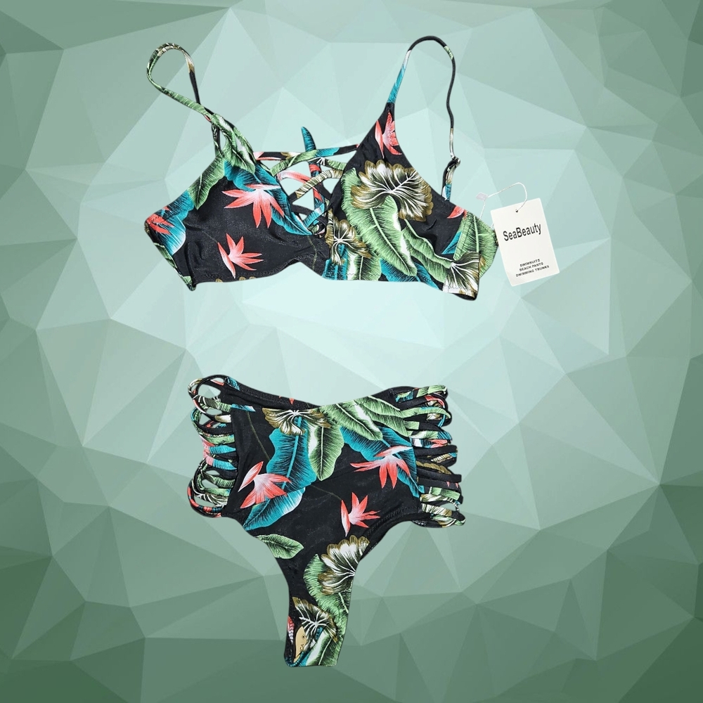 Sea Beauty NWT‎ Women's Tropical Print Bikini Set - Black and Green Medium